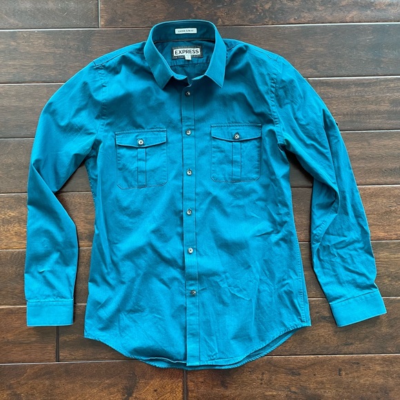 Express Slim Fit Teal Blue Button Down Mens Shirt Size Medium 15-15 1/2 - Picture 2 of 7